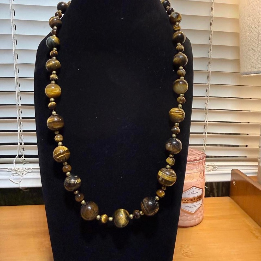 vintage tiger's eye statement necklace featuring bold, graduated round beads